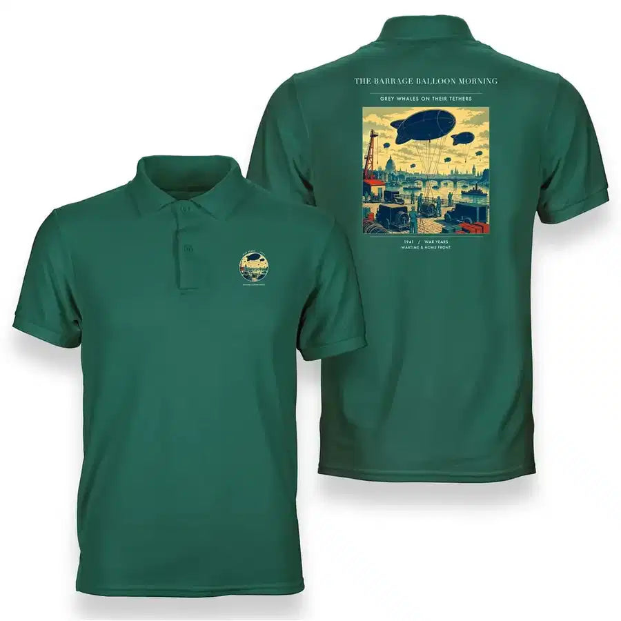 VINTAGE G4521 - The Barrage Balloon Morning - Double-Side Polo T-Shirt design on green