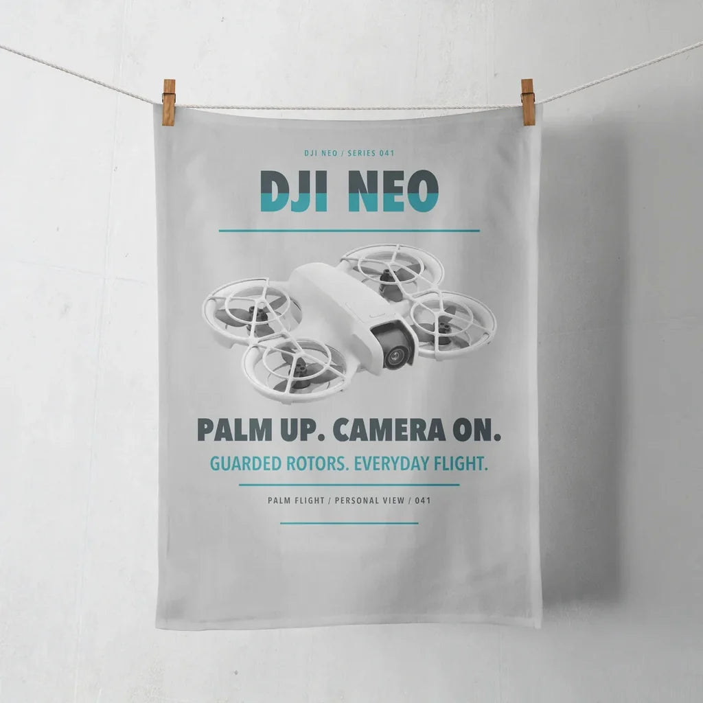 DJI Neo design on light gray towel