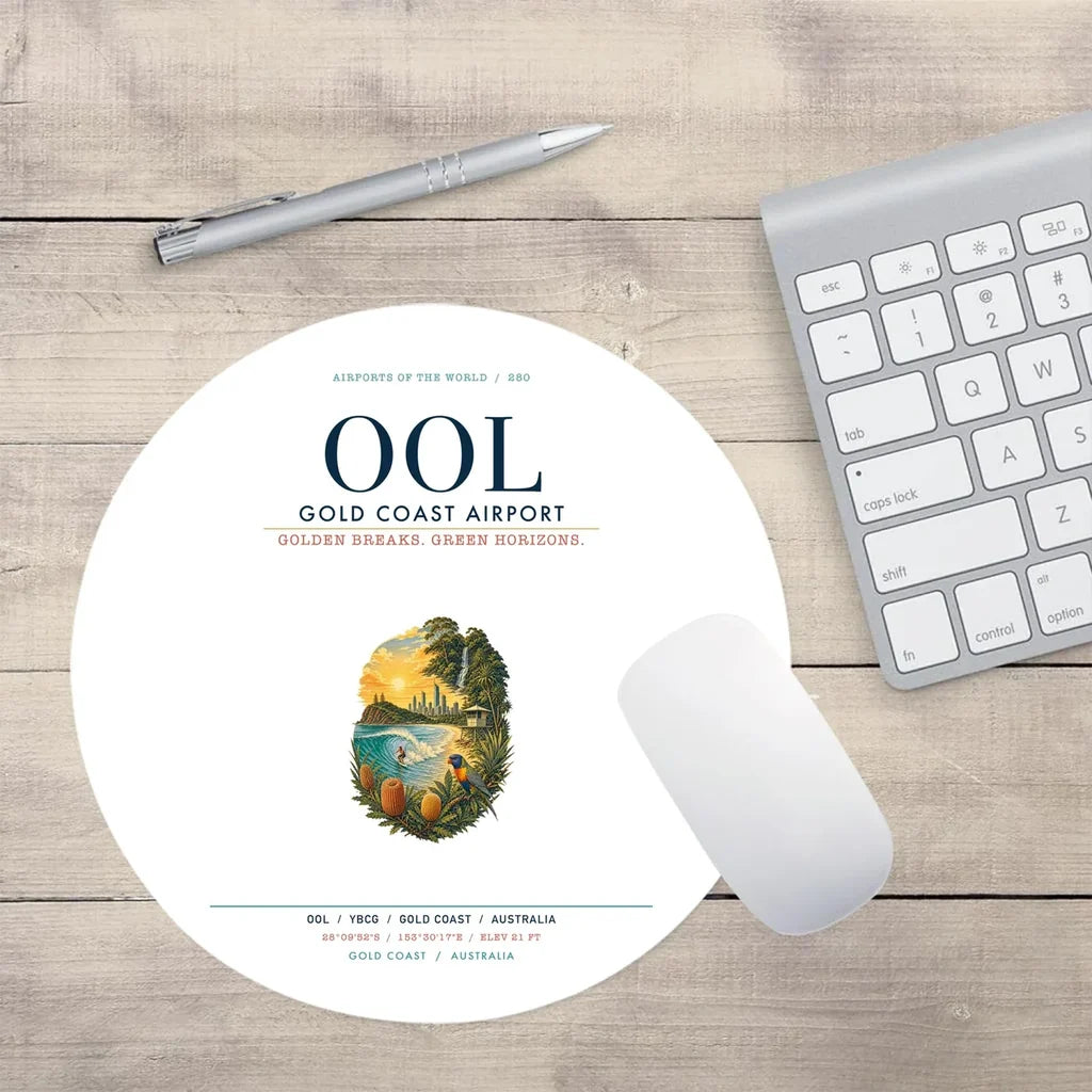Gold Coast Airport (OOL) design on white round mouse pad