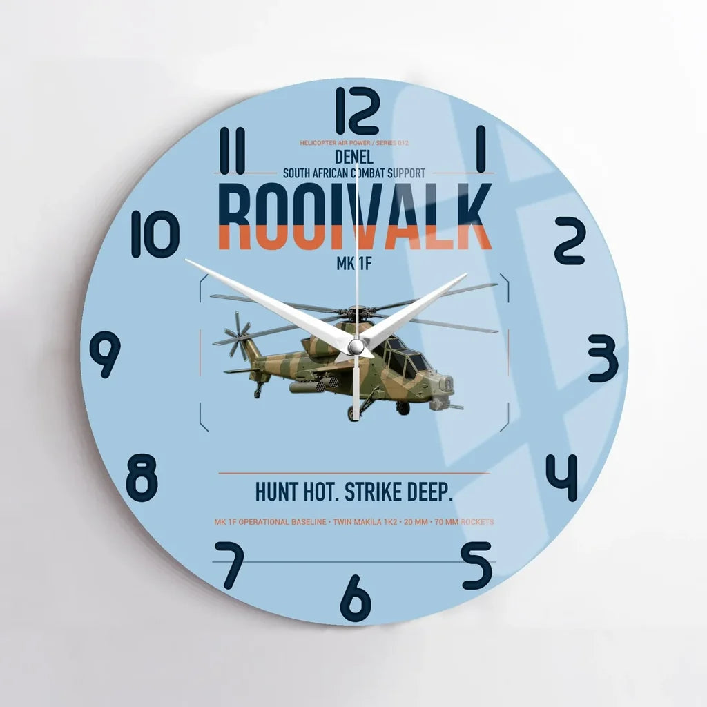 Denel Rooivalk Mk 1F design on light blue no frame wall clock