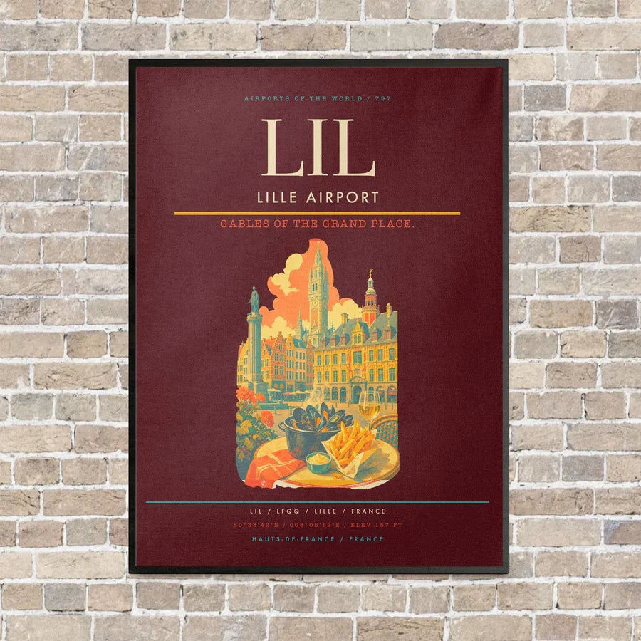 Lille Airport LIL vertical canvas print - framed - dark red background