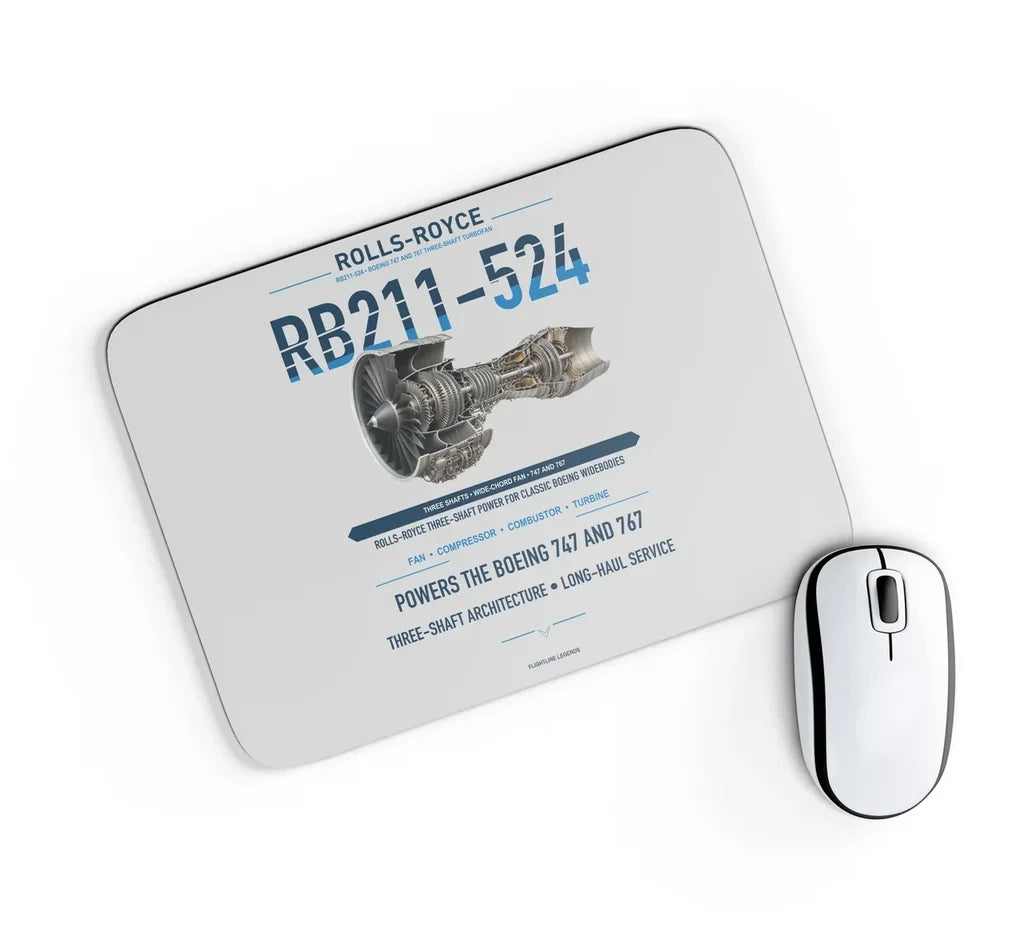 RB211-524 design on light gray rectangle mouse pad