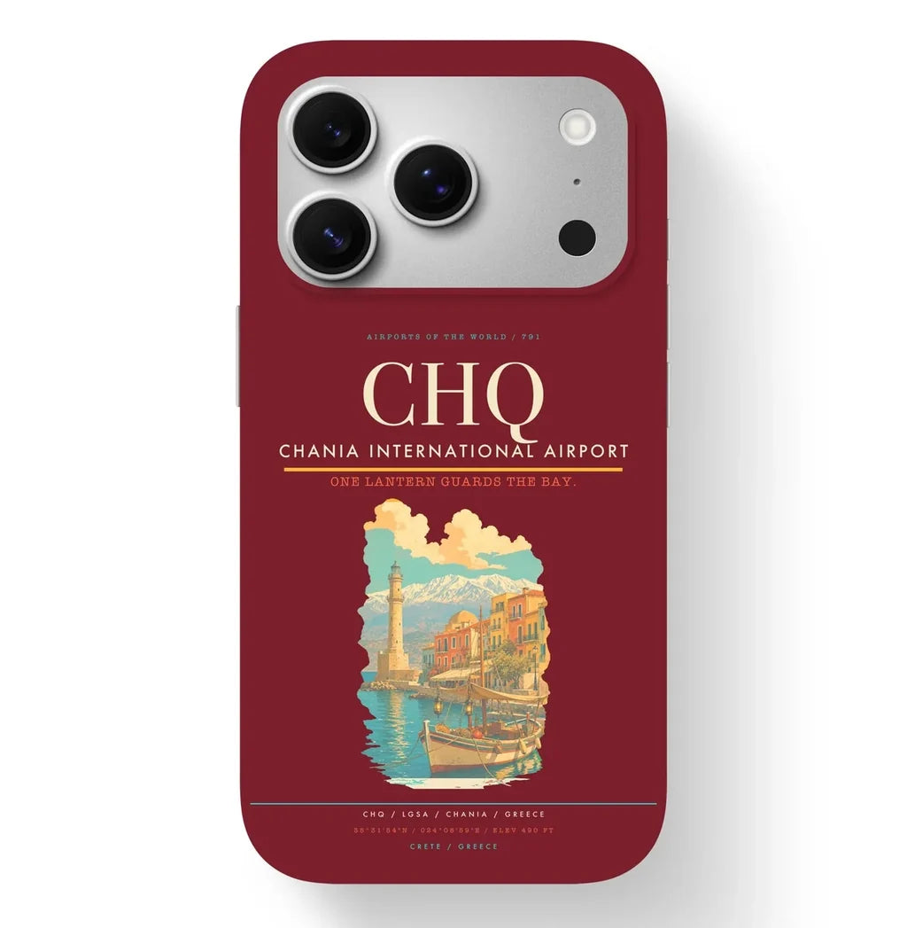 Chania Airport (CHQ) design on dark red iPhone 17 Pro MagSafe case