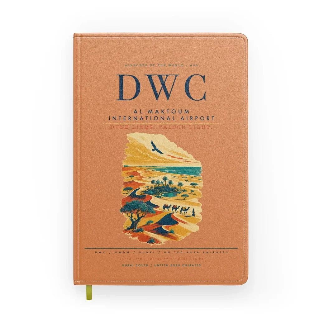 Al Maktoum International Airport (DWC) design on orange notebook
