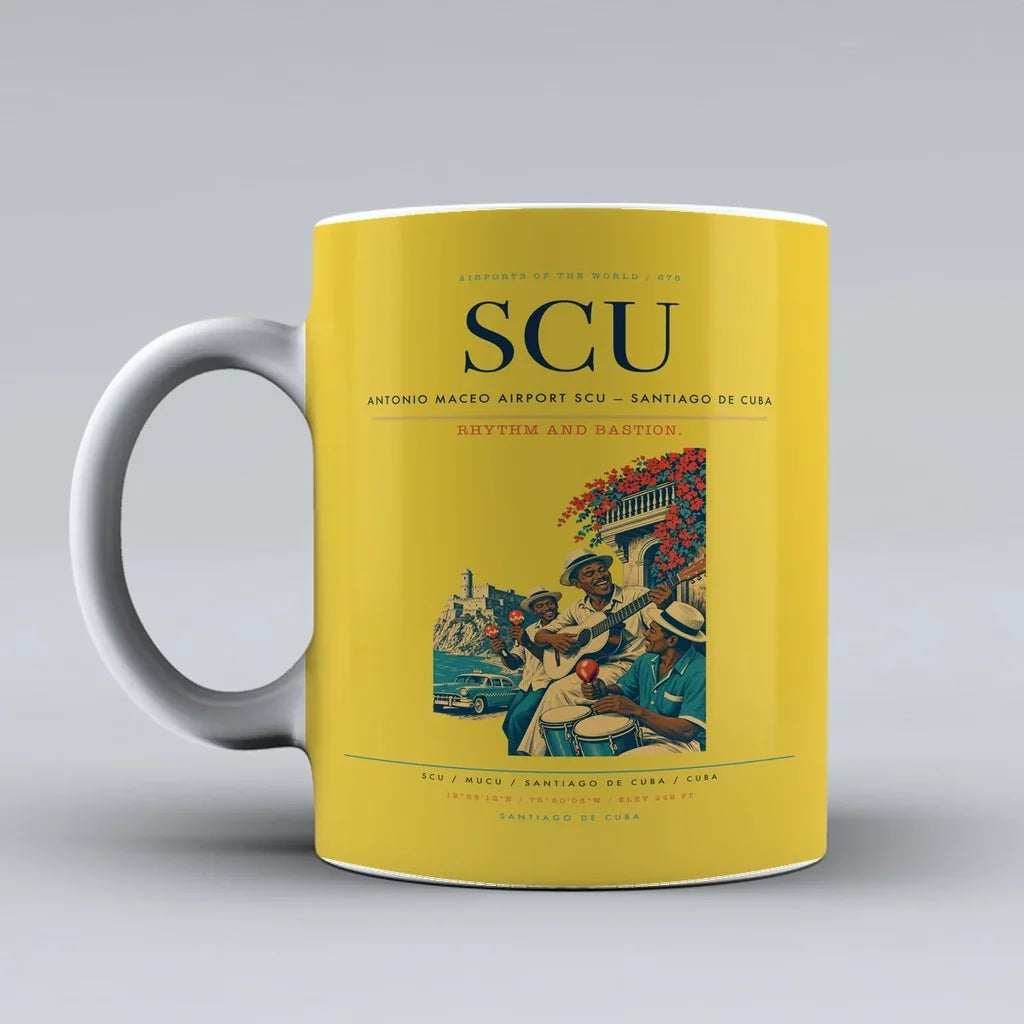 Antonio Maceo Airport (SCU) airport code design on yellow ceramic mug