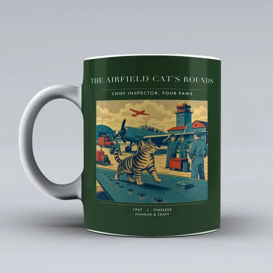 VINTAGE G4456 - The Airfield Cat's Rounds - Ceramic Mug design on darkgreen