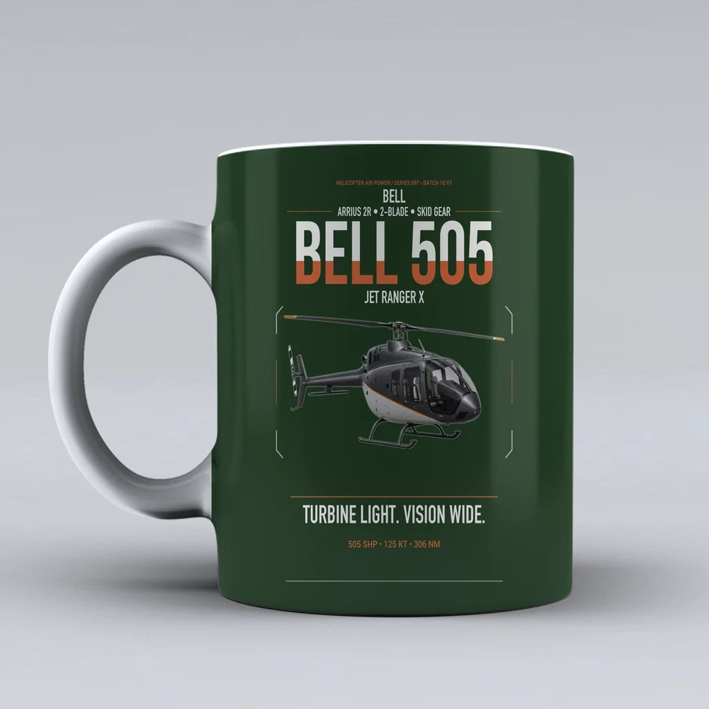 Bell 505 Jet Ranger X design on dark green ceramic mug, double-side print