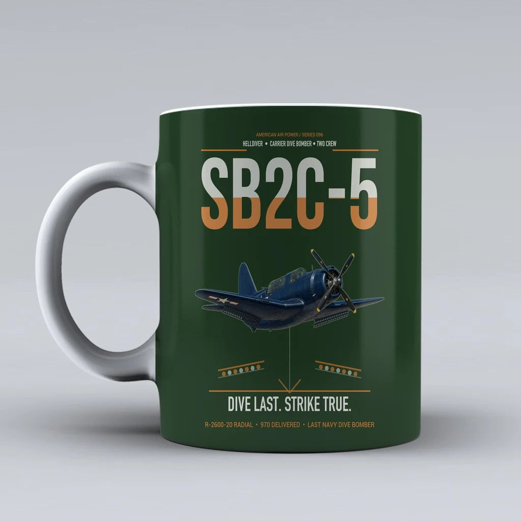 SB2C-5 Helldiver design on dark green ceramic mug, double-side print