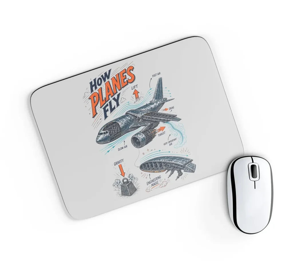 How Planes Fly V2 design on light gray rectangle mouse pad