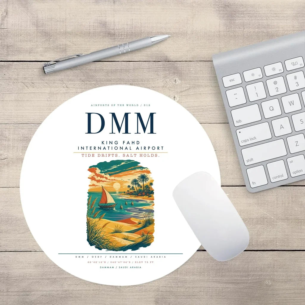 King Fahd International Airport (DMM) design on white round mouse pad