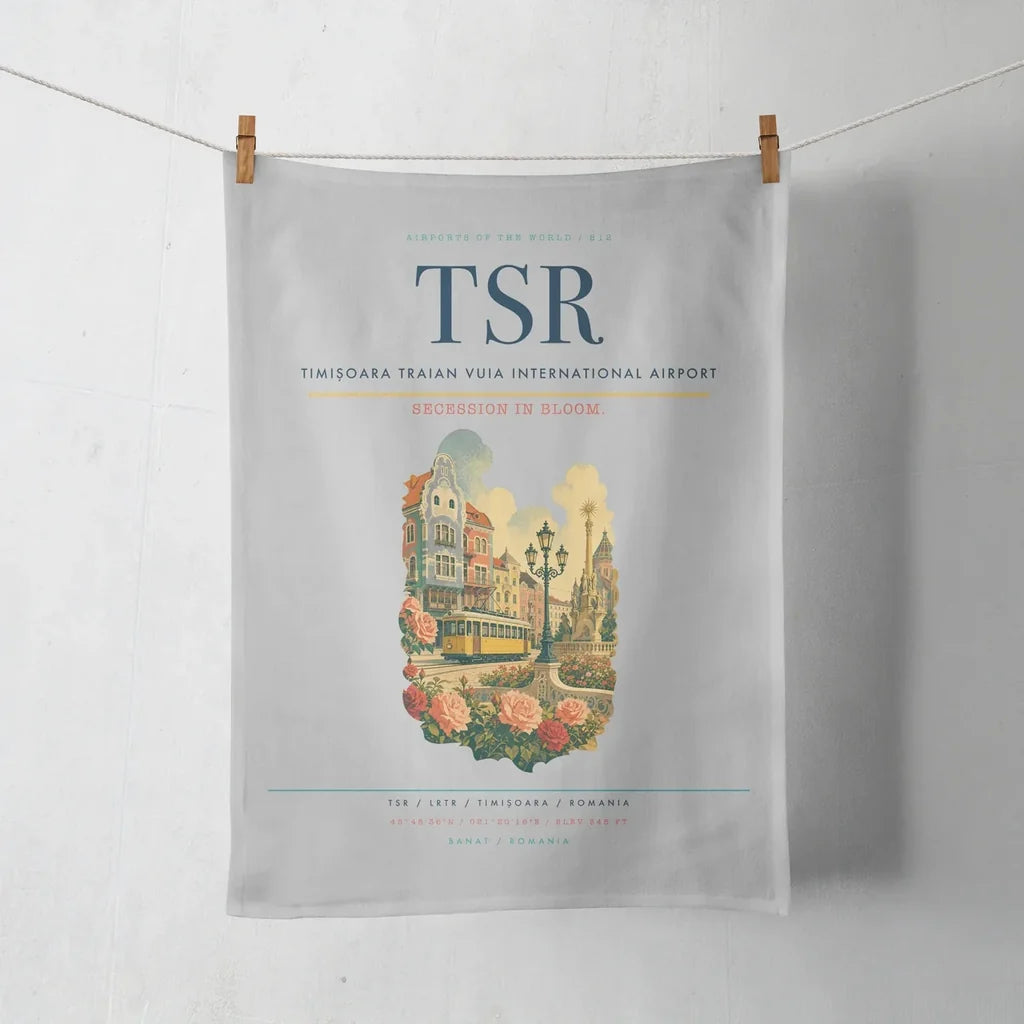Timișoara Traian Vuia International Airport (TSR) design on light gray towel