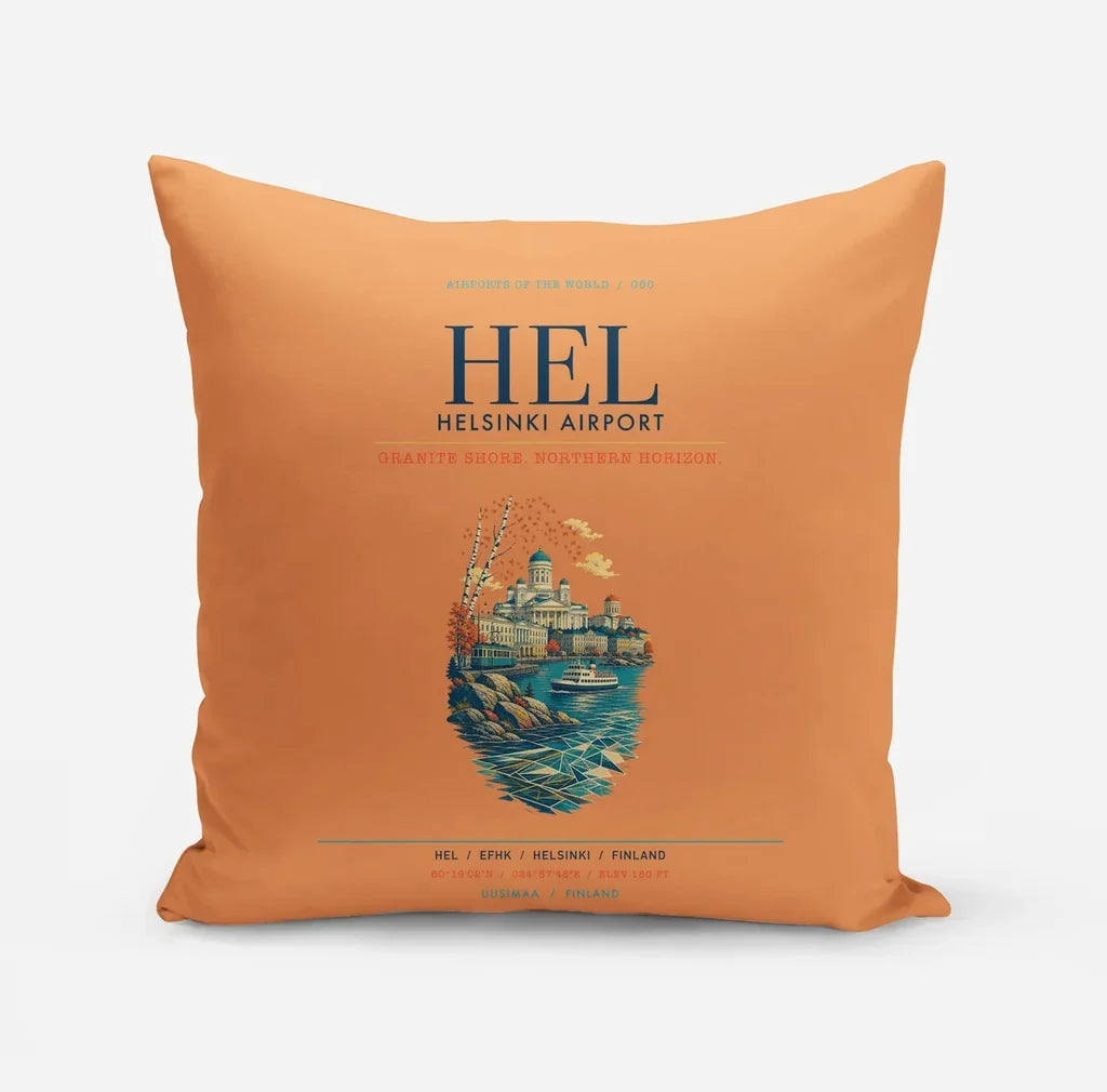 Helsinki Airport (HEL) design on orange pillow