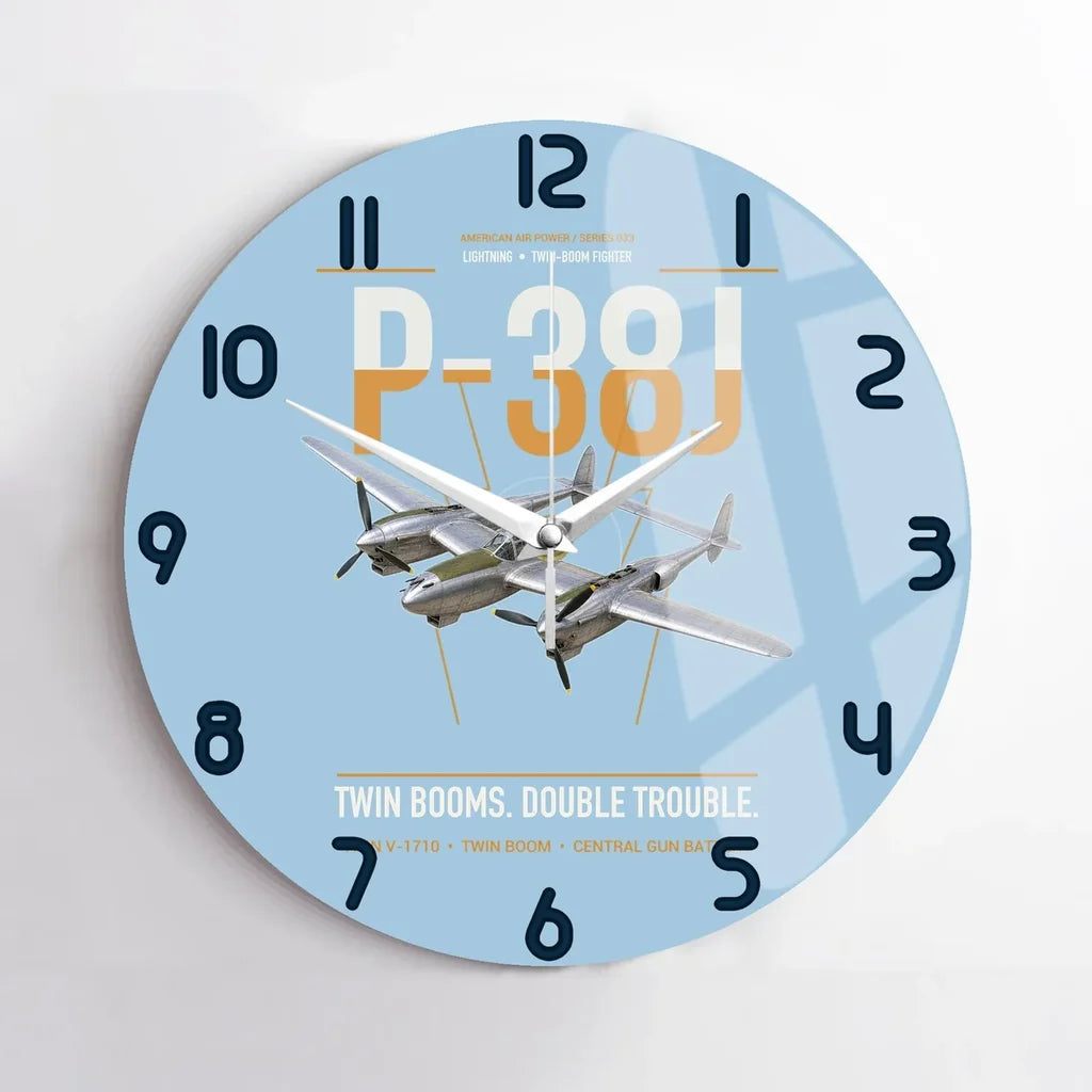P-38J Lightning design on light blue no frame wall clock