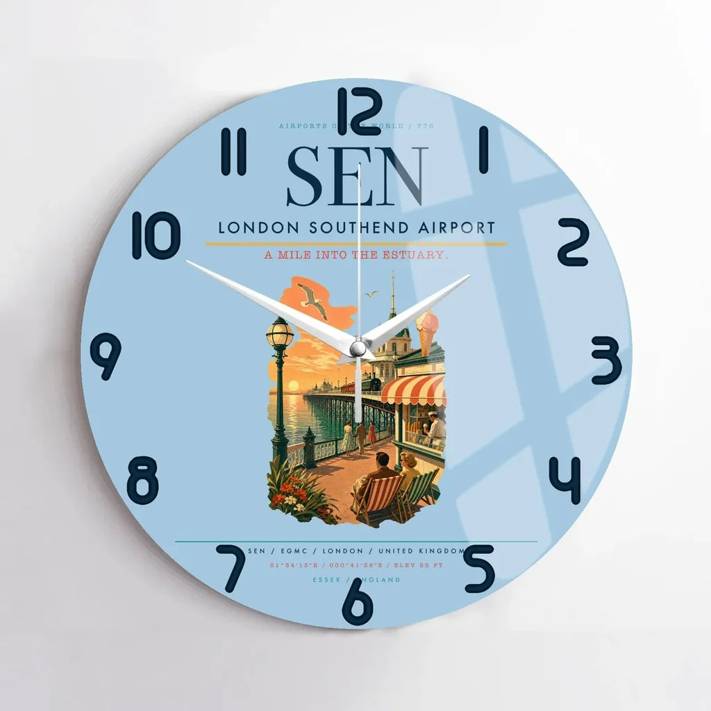 London Southend Airport (SEN) design on light blue no frame wall clock