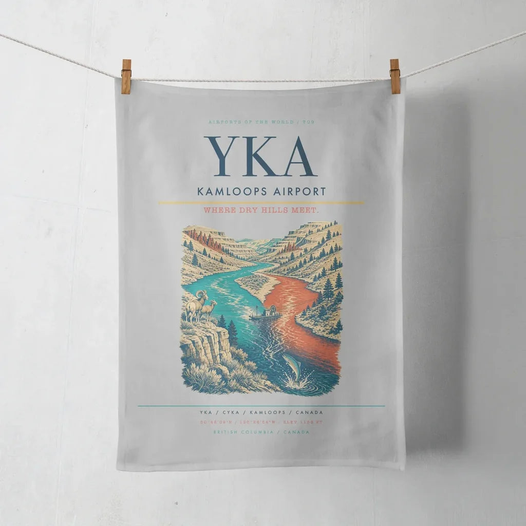 Kamloops Airport (YKA) design on light gray towel