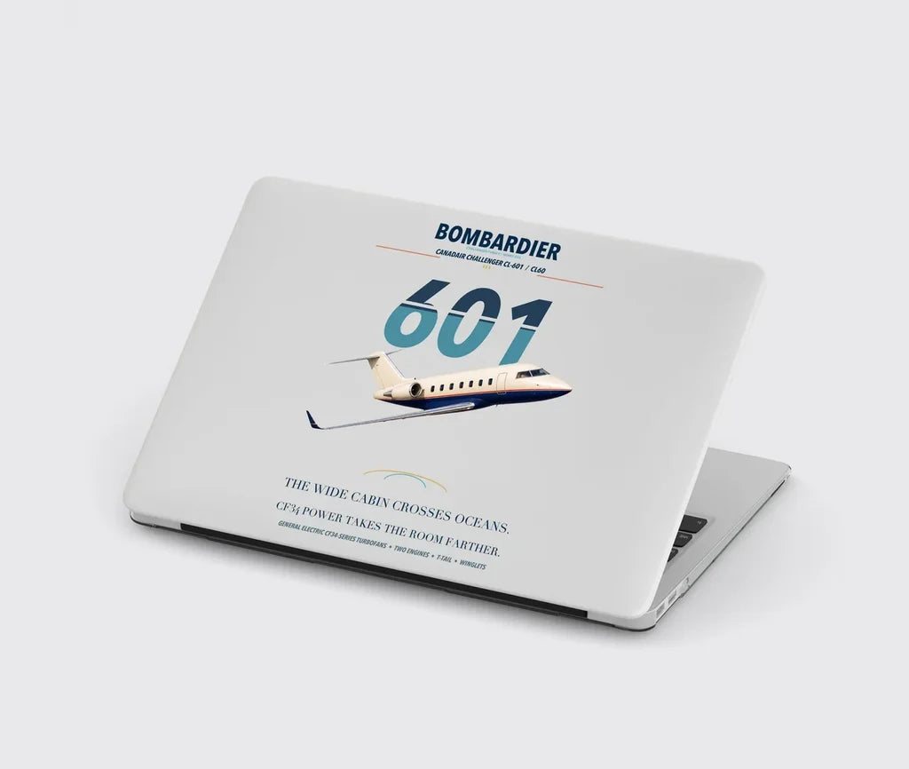 Bombardier Challenger 601 design on light gray MacBook case