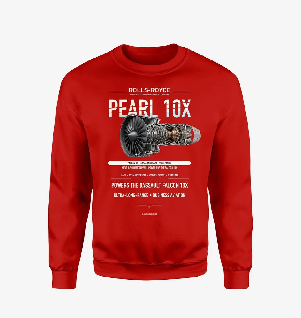 PEARL 10X design on red sweatshirt