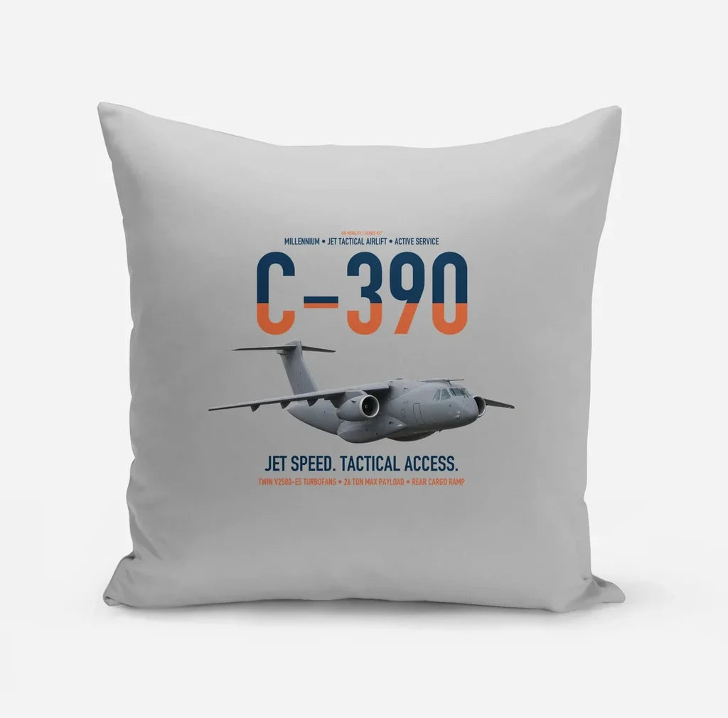 C-390 Millennium design on light gray pillow