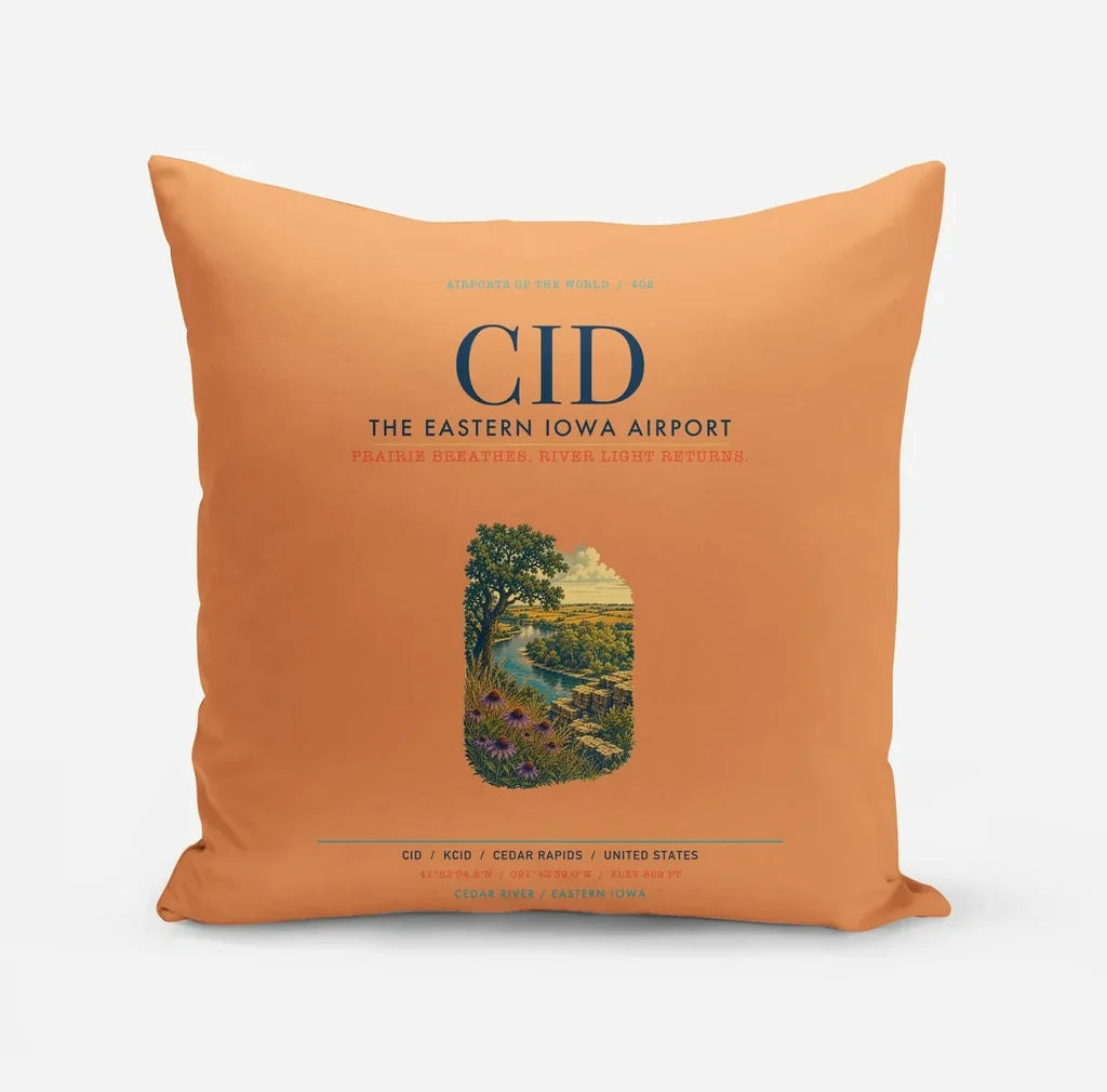 The Eastern Iowa Airport Cedar Rapids (CID) design on orange pillow