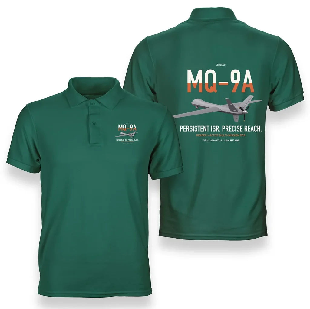MQ-9A Reaper design on green double-side polo t-shirt, double-side print