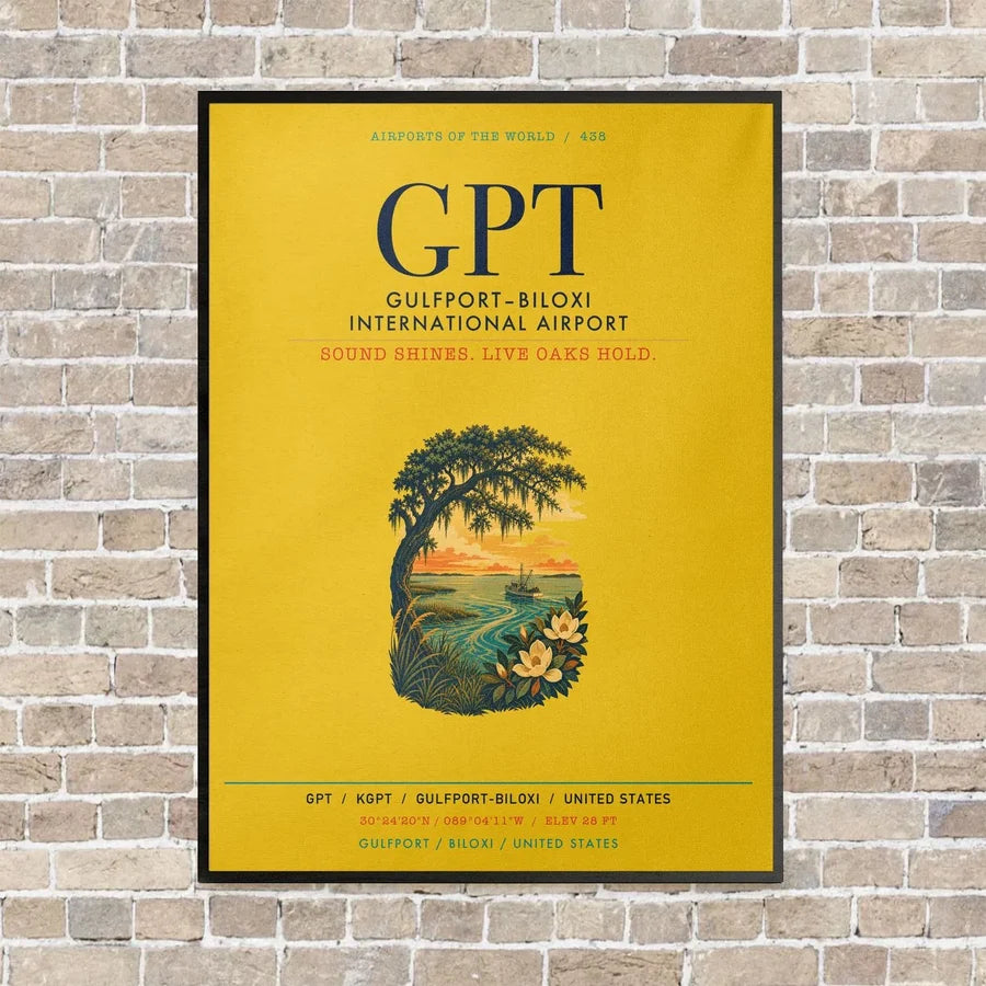 Gulfport–Biloxi International Airport GPT vertical canvas print - framed - yellow background