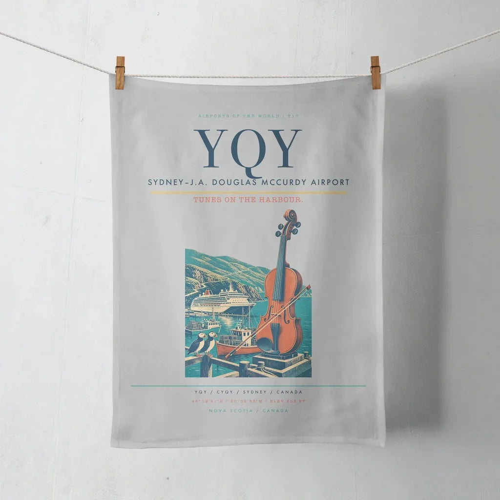Sydney–J.A. Douglas McCurdy Airport (YQY) design on light gray towel