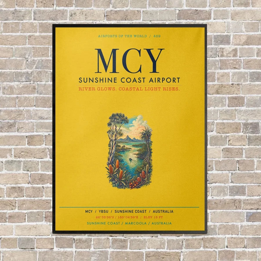 Sunshine Coast Airport MCY vertical canvas print - framed - yellow background