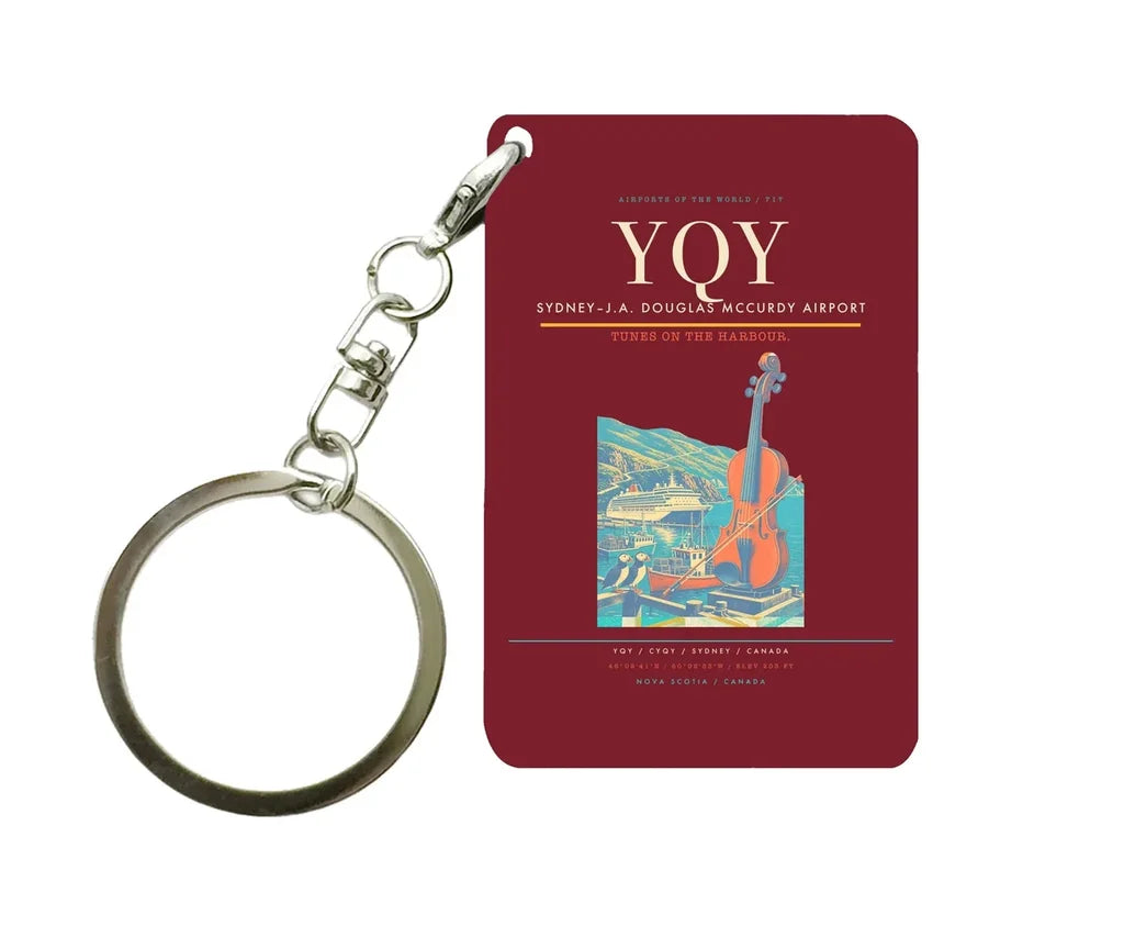 Sydney–J.A. Douglas McCurdy Airport (YQY) design on dark red key chain