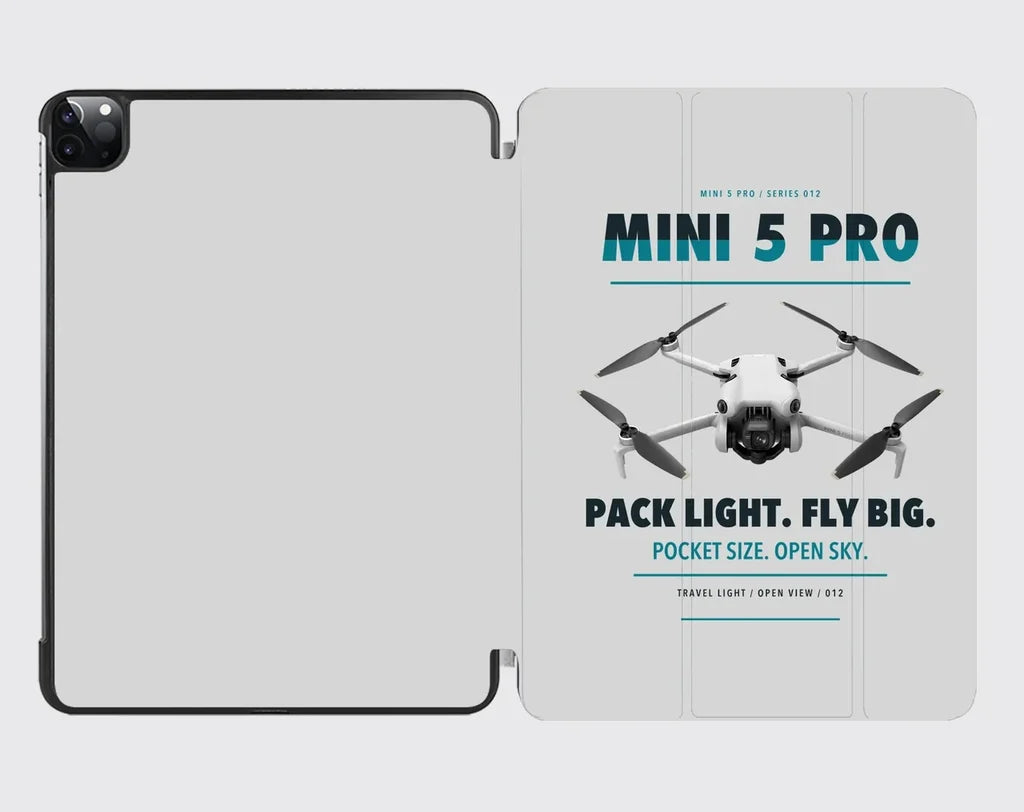 DJI Mini 5 Pro design on light gray ipad tablet case