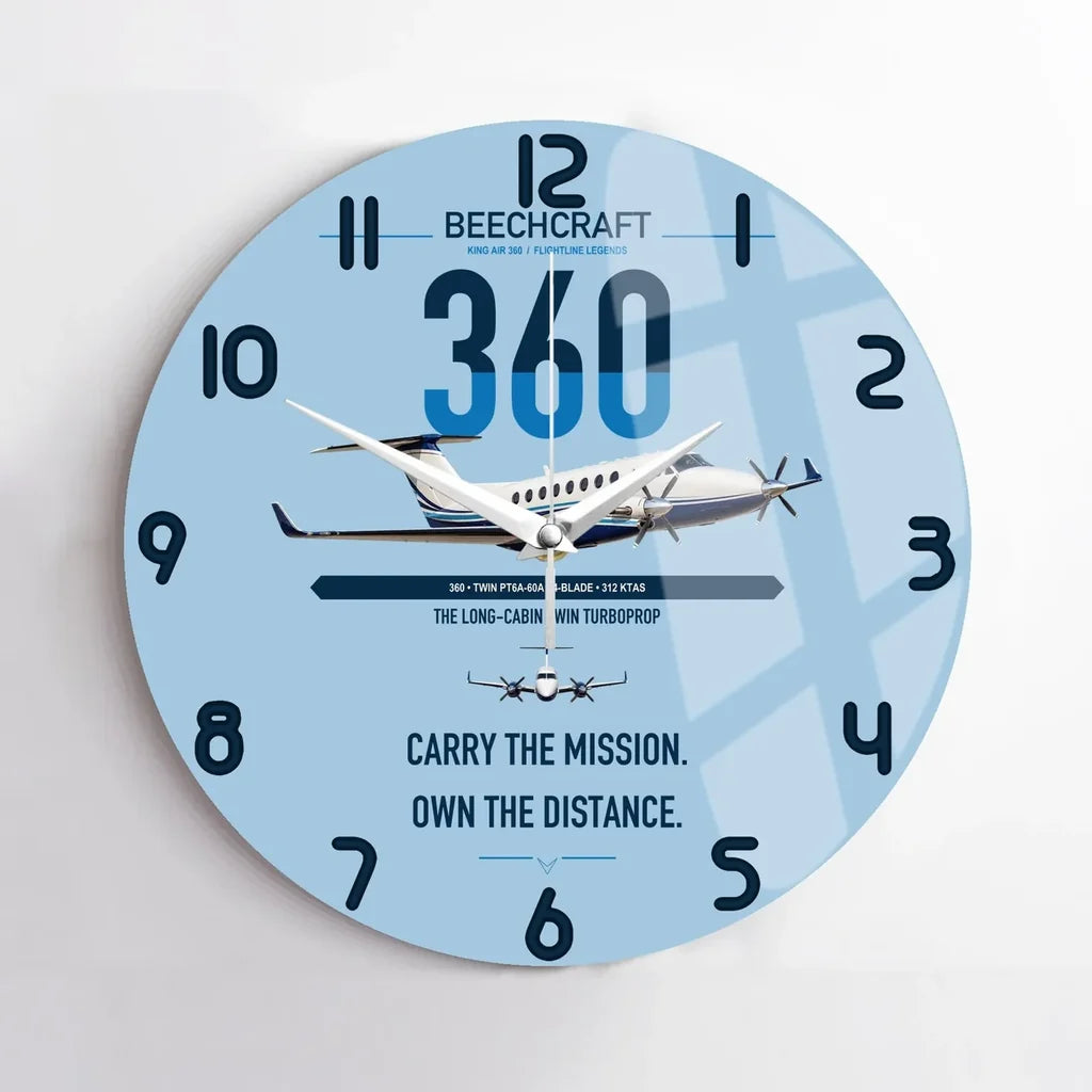 Beechcraft King Air 360 design on light blue no frame wall clock