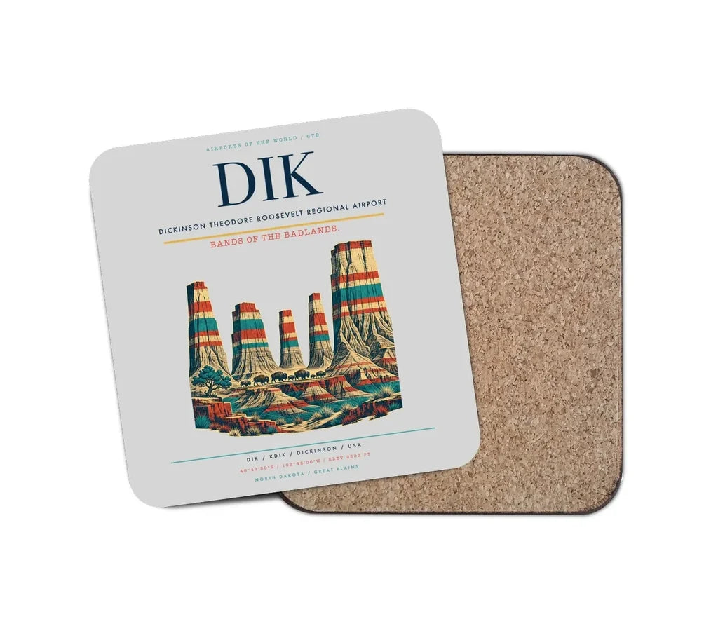 Dickinson Theodore Roosevelt Regional Airport (DIK) design on light gray 1 piece coaster