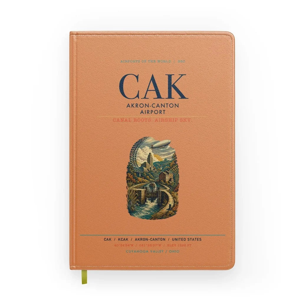 Akron-Canton Airport (CAK) design on orange notebook