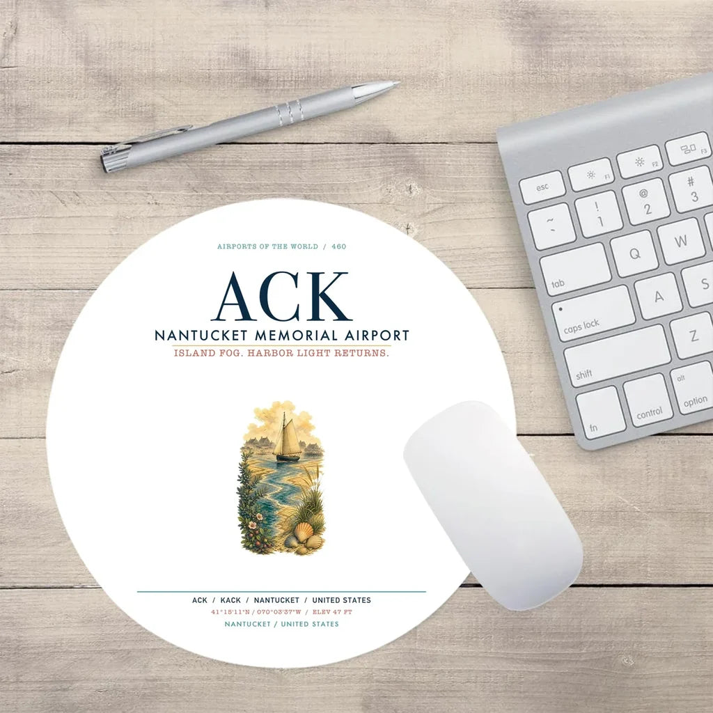 Nantucket Memorial Airport (ACK) design on white round mouse pad