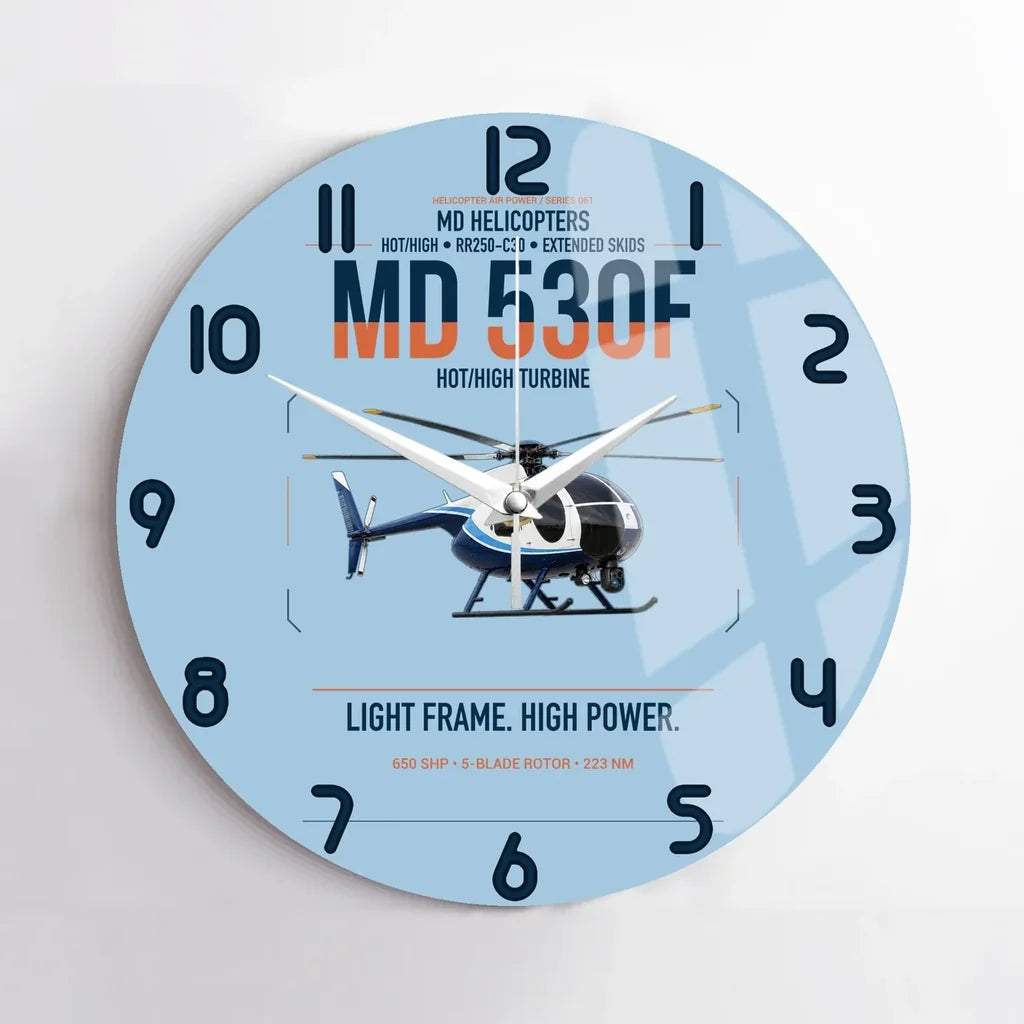 MD Helicopters MD 530F design on light blue no frame wall clock