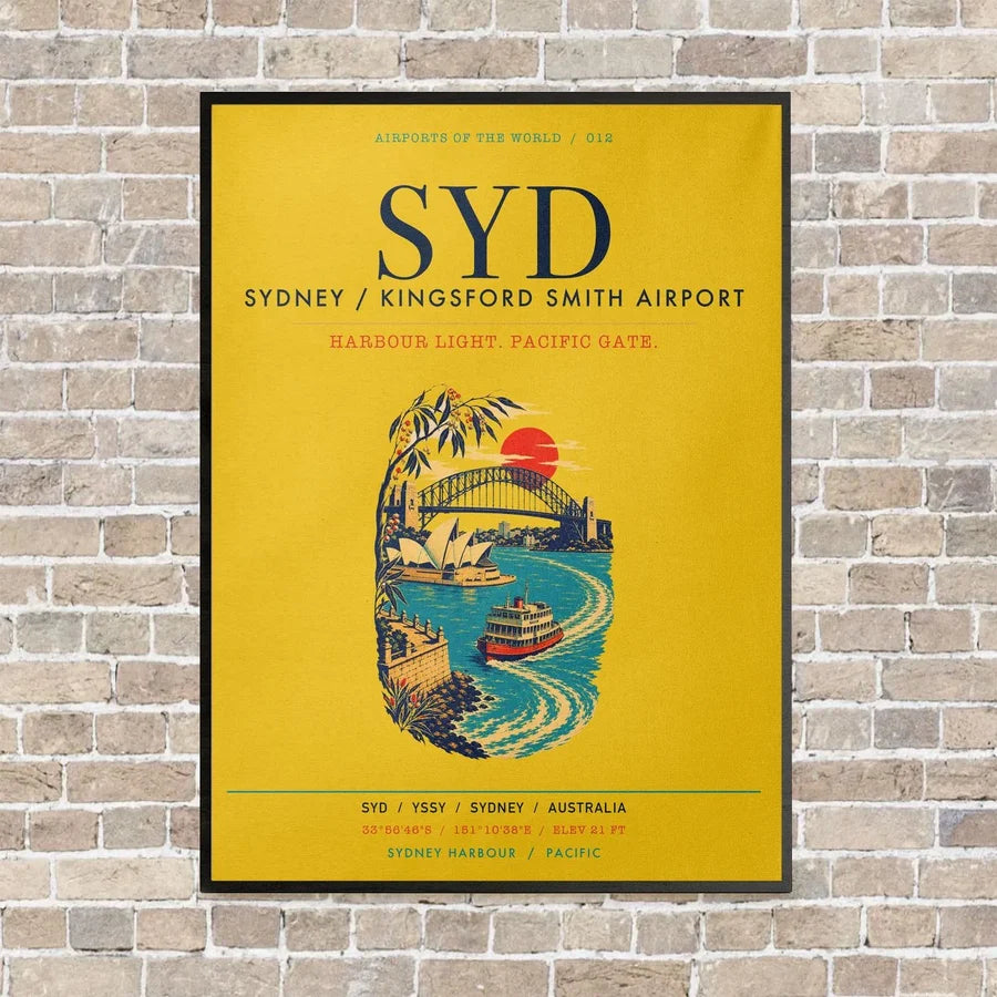 Sydney Kingsford Smith Airport SYD vertical canvas print - framed - yellow background