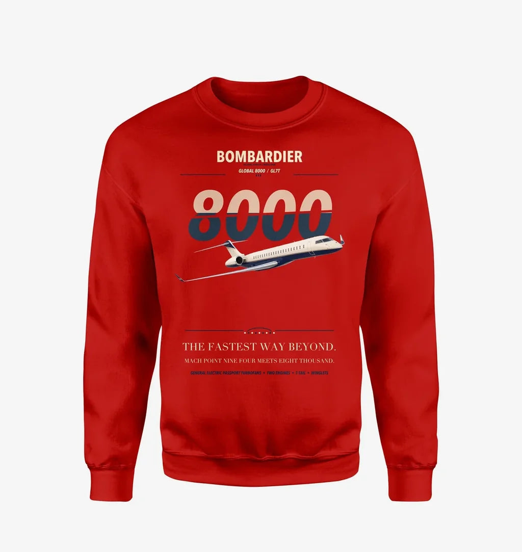 Bombardier Global 8000 design on red sweatshirt