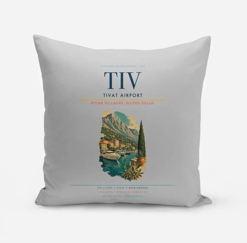 Tivat Airport (TIV) design on light gray pillow