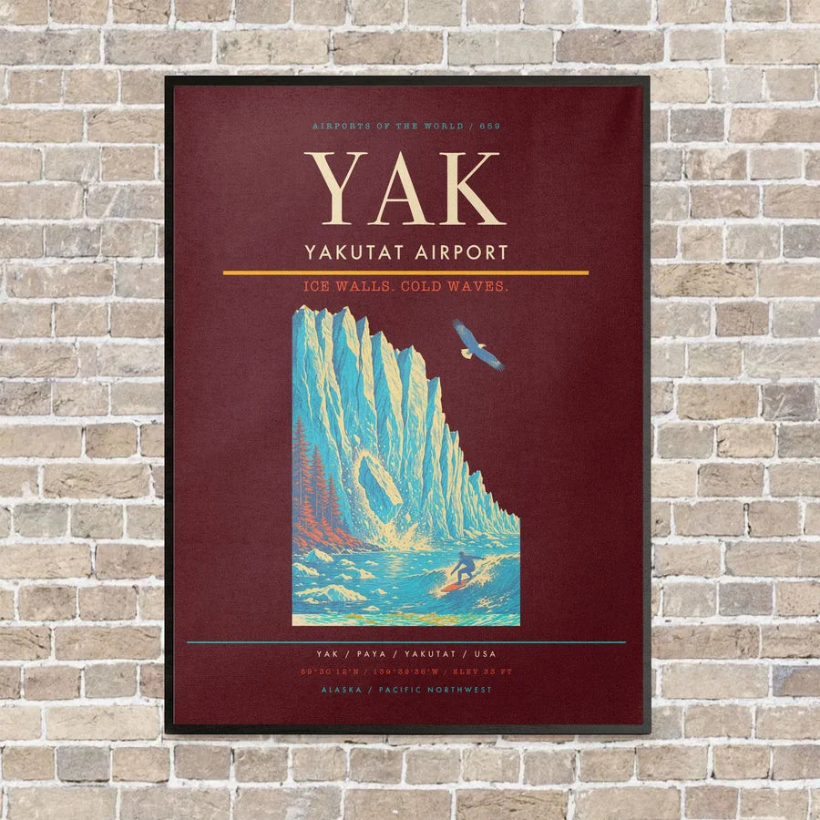 Yakutat Airport YAK vertical canvas print - framed - dark red background