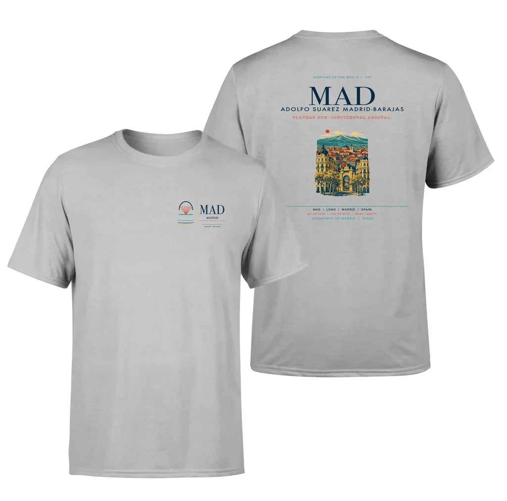 Madrid Airport (MAD) design printed on light gray double-side t-shirt