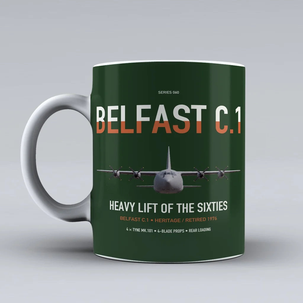 Short Belfast C.1 design on dark green ceramic mug, double-side print