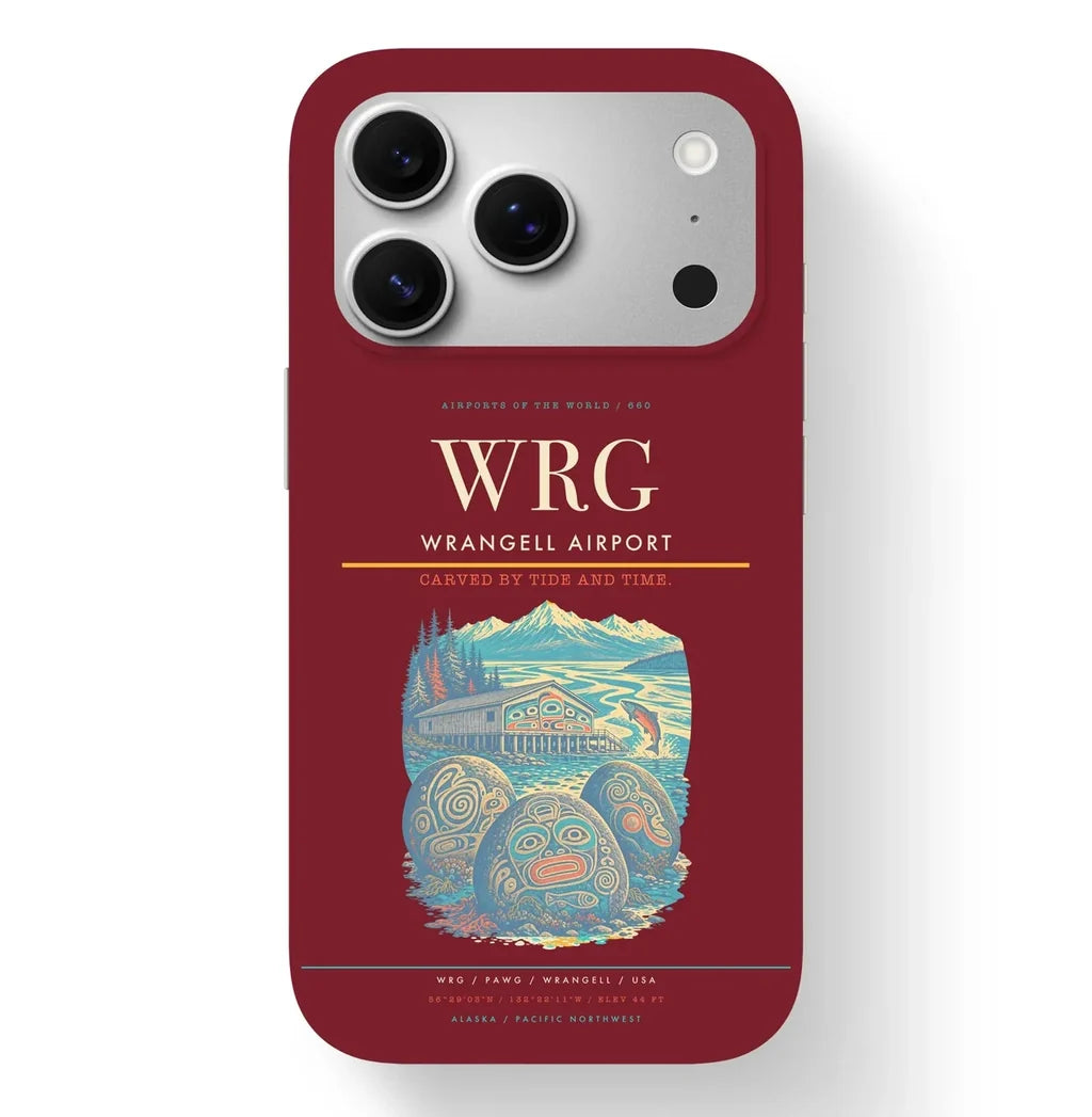 Wrangell Airport (WRG) design on dark red iPhone 17 Pro MagSafe case