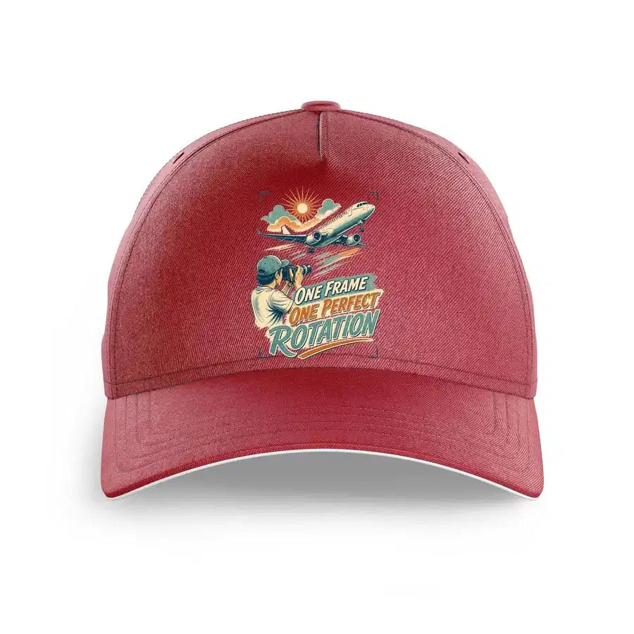 One Frame One Perfect Rotation design on dark red printed hat