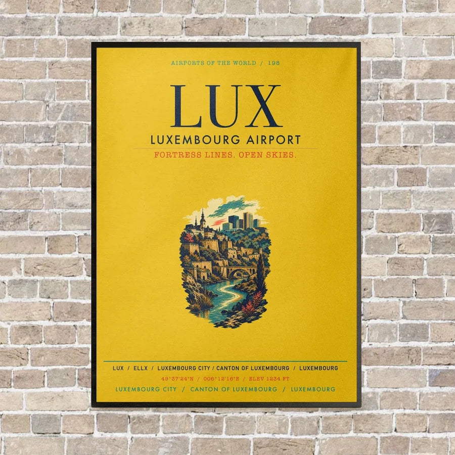 Luxembourg Airport LUX vertical canvas print - framed - yellow background