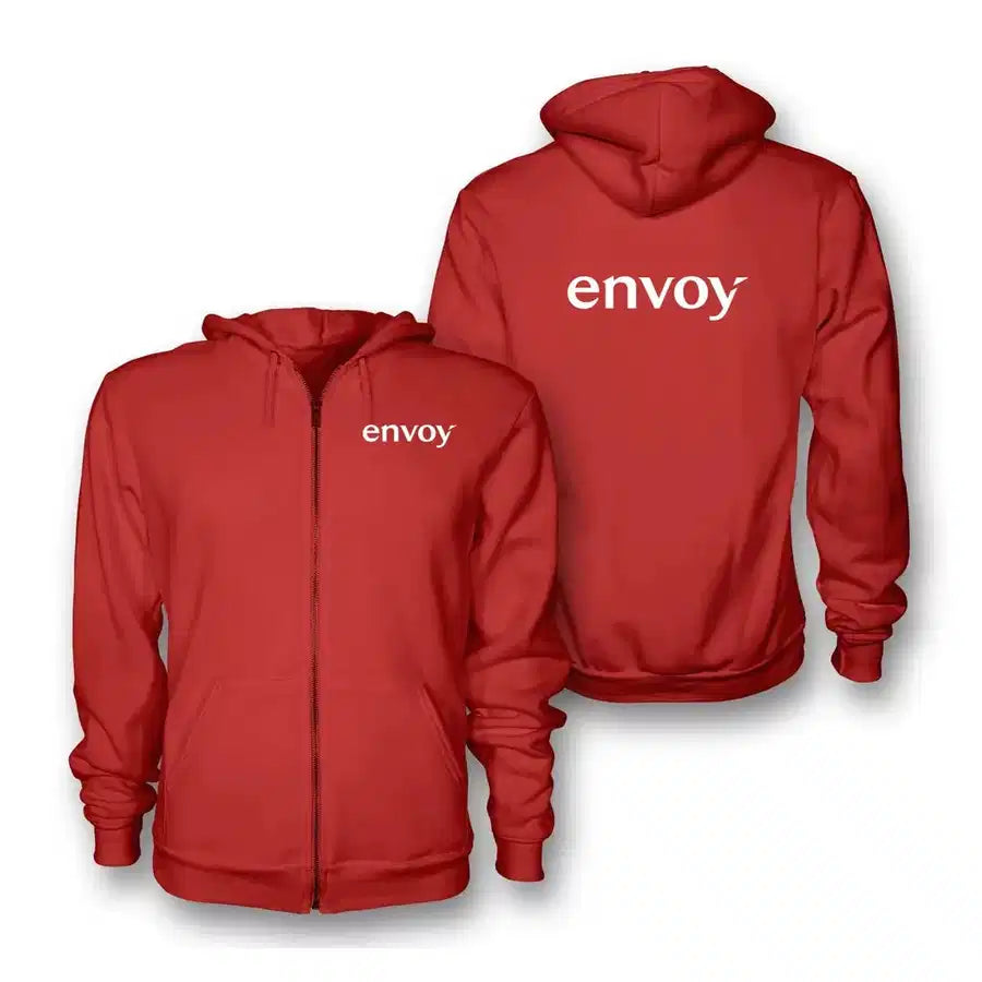 Envoy Air logo on red zipped hoodie