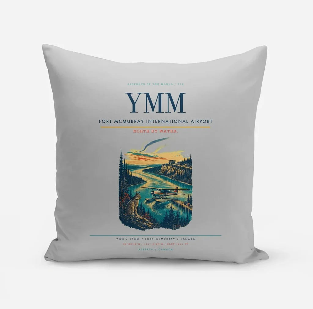 Fort McMurray International Airport (YMM) design on light gray pillow