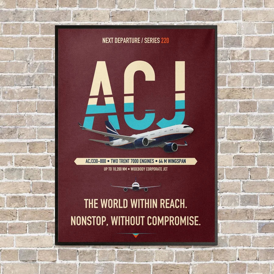 Airbus ACJ330neo / exact ACJ330-800 vertical canvas print - framed - dark red background