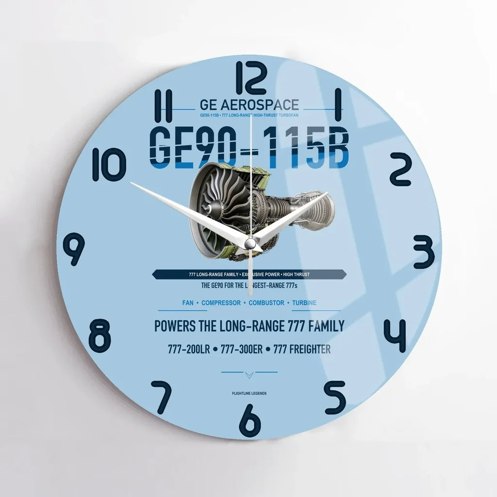 GE90-115B design on light blue no frame wall clock