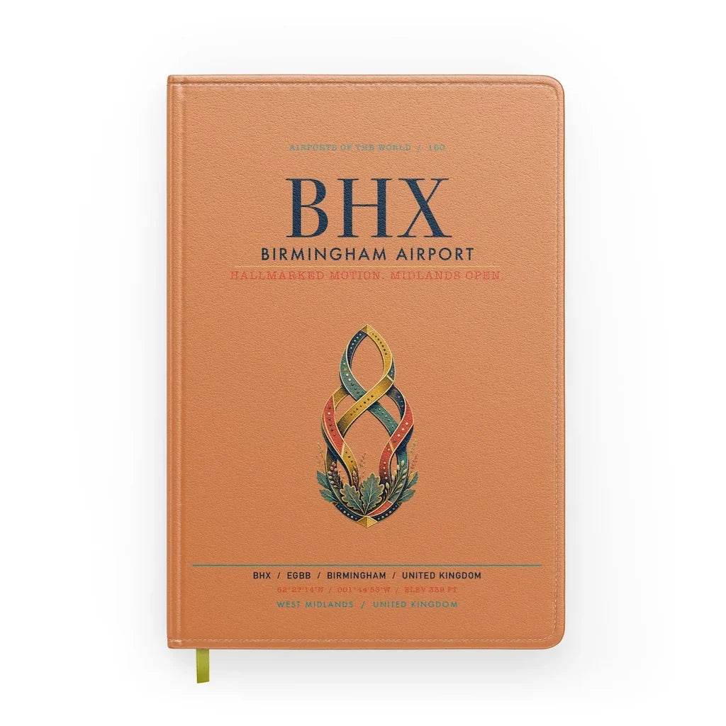 Birmingham Airport (BHX) design on orange notebook
