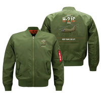 Thumbnail for Piasecki H-21C Shawnee design on green bomber jacket, double-side print