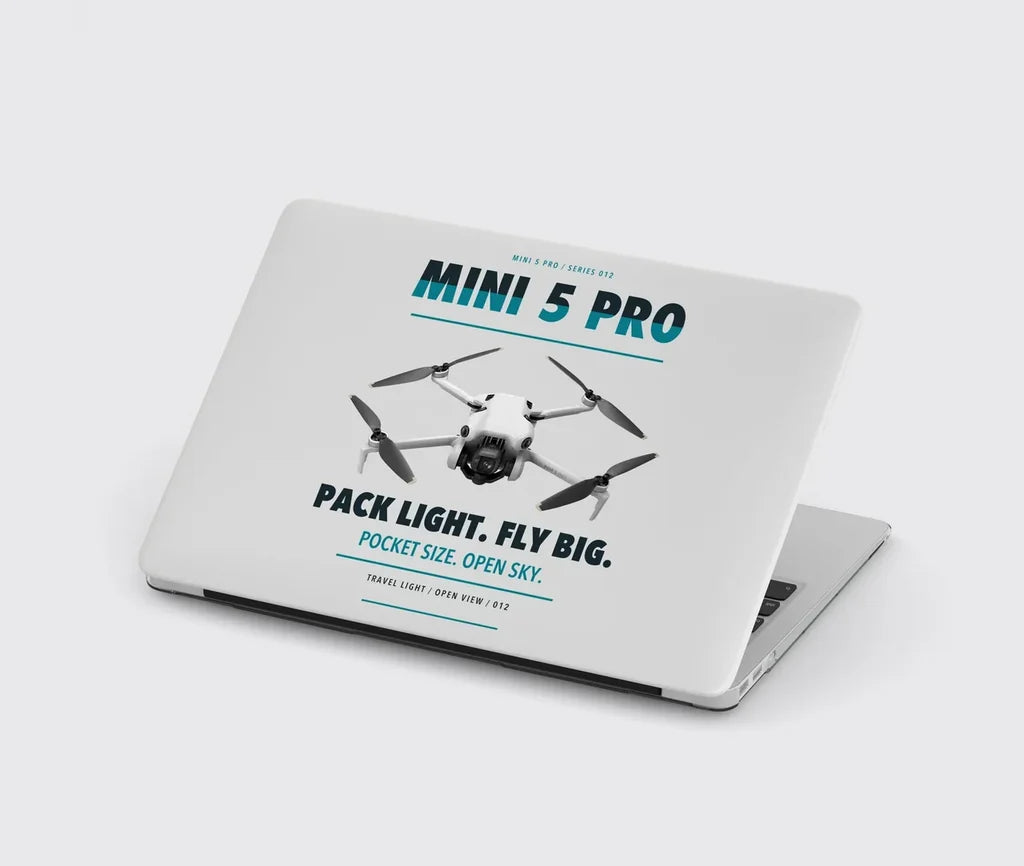 DJI Mini 5 Pro design on light gray MacBook case